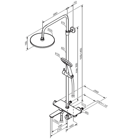 Душевая система Damixa Jupiter 977760300 стойка с тропическим душем, термостатом, смесителем, изливом, черная матовая