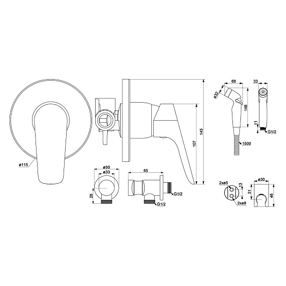 Гигиенический душ со смесителем Damixa Jupiter 777510001 хром встраиваемый, шланг 1200, держатель