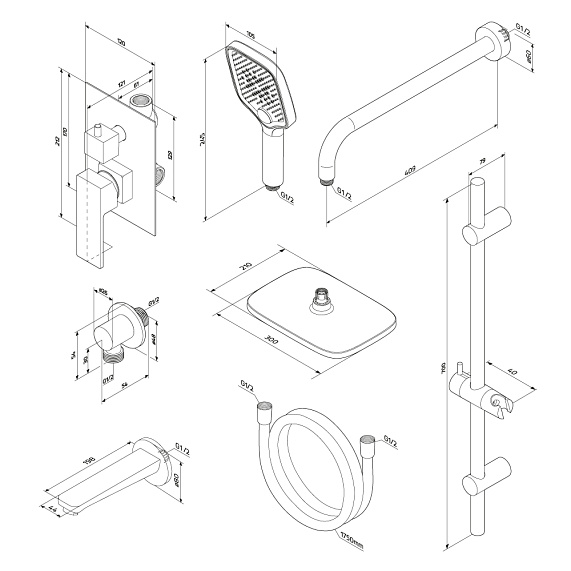 Встраиваемая душевая система Damixa Gala 953540000 хром: тропический верхний душ, ручной душ, излив