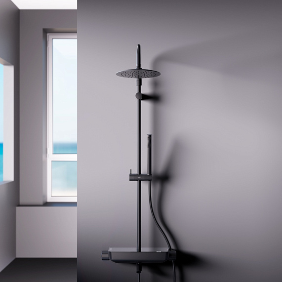 Душевая система Damixa Scandinavian Pure 936760300 стойка с тропическим душем, термостатом, смесителем, изливом, черная матовая