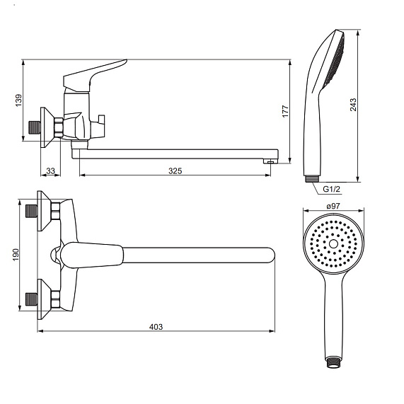 Смеситель для ванны и душа Damixa Jupiter 779500001 длинный излив, душевая лейка, шланг 1500, хром