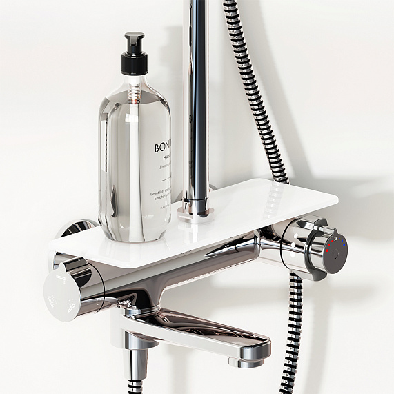 Душевая система Damixa Jupiter 977760000 стойка с тропическим душем, термостатом, смесителем, изливом, хром