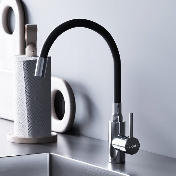 Смеситель для кухни Dorff Logic D3007622 высокий хром, с черным гибким изливом