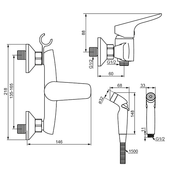 Гигиенический душ со смесителем Damixa Jupiter 778000300 черный встраиваемый, шланг 1500, держатель