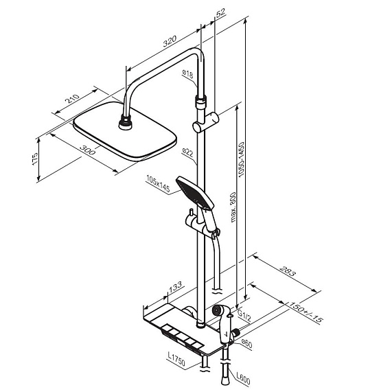 Душевая система Damixa Gala 953770300 стойка с тропическим душем, термостатом, смесителем, черная матовая