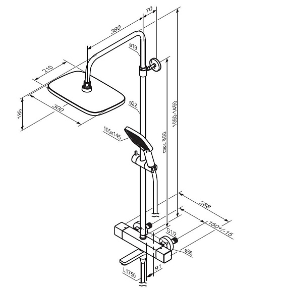 Душевая система Damixa Gala 953810300 стойка с тропическим душем, термостатом, смесителем, черная матовая