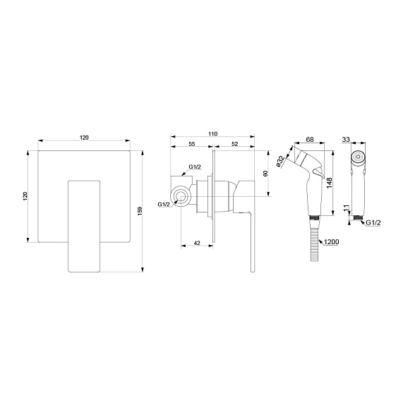 Гигиенический душ со смесителем Damixa Gala 537510000 хром встраиваемый, шланг 1200, держатель
