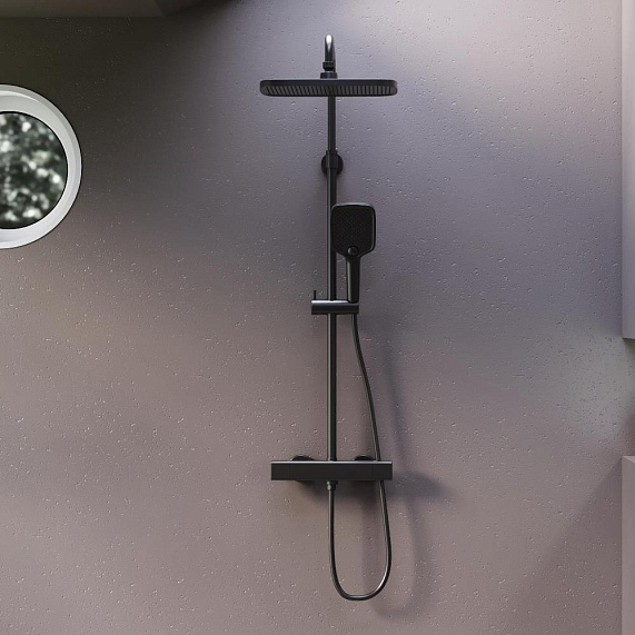 Душевая система Damixa Gala 953800300 стойка с тропическим душем, термостатом, смесителем, черная матовая