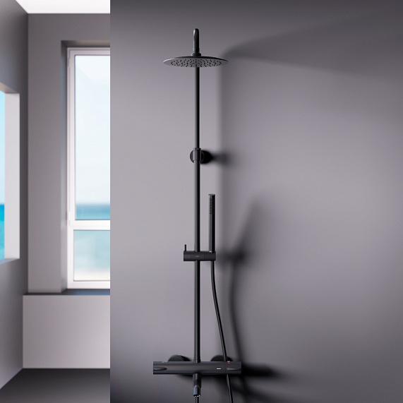 Душевая система Damixa Scandinavian Pure 936810300 стойка с тропическим душем, термостатом, смесителем, изливом, черная матовая