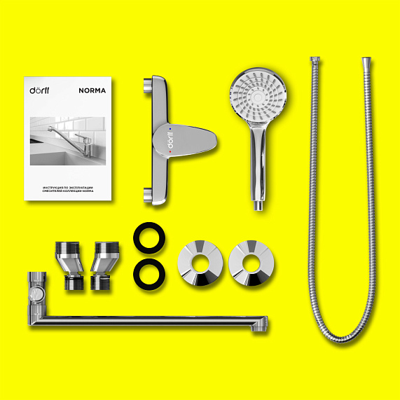 Смеситель для ванны и душа Dorff Norma D1095000 длинный излив, душевая лейка, шланг 1500, хром