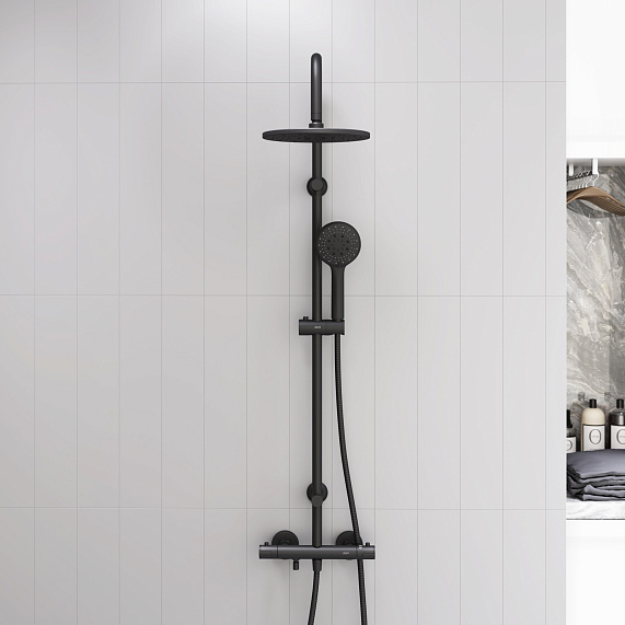 Душевая система Dorff Futura D0710522 стойка с тропическим душем, смесителем, термостатом, изливом, черная