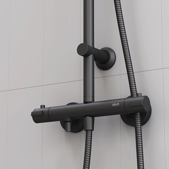 Душевая система Dorff Futura D0710522 стойка с тропическим душем, смесителем, термостатом, изливом, черная
