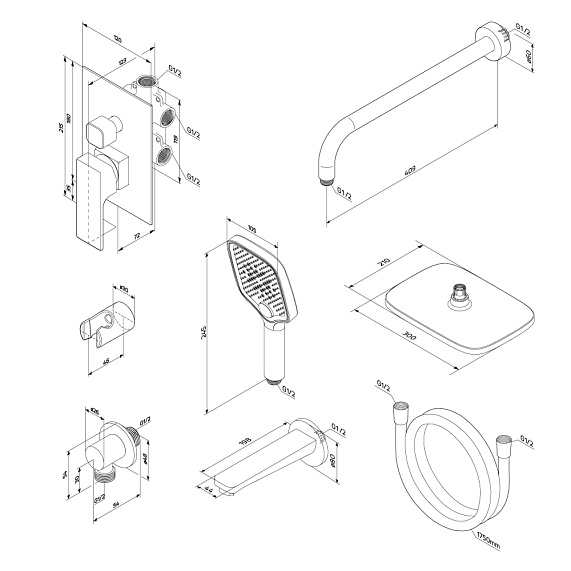 Встраиваемая душевая система Damixa Gala 953510300 черная: тропический верхний душ, ручной душ, излив