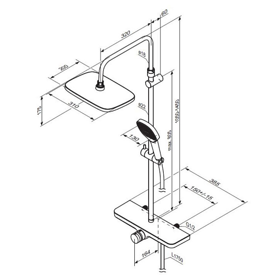 Душевая система Damixa Merkur 940730300 стойка с тропическим душем, смесителем, черная матовая