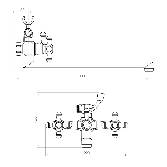 Смеситель для ванны и душа Damixa Retro 239500000 длинный излив, душевая лейка, шланг 1500, хром