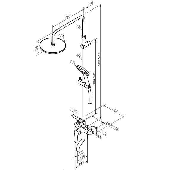 Душевая система Damixa Jupiter 977740300 стойка с тропическим душем, смесителем, изливом, черная матовая