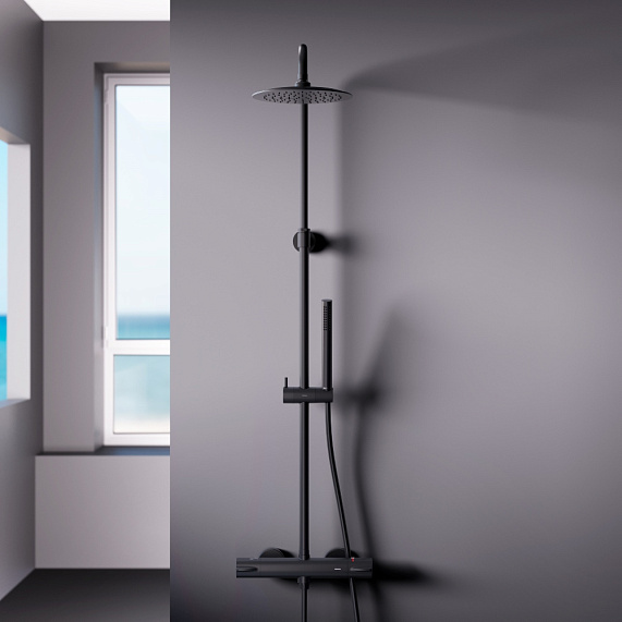 Душевая система Damixa Scandinavian Pure 936800300 стойка с тропическим душем, термостатом, смесителем, черная матовая