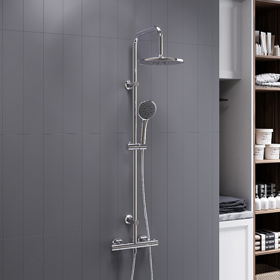 Душевая система Dorff Futura D0710400 стойка с тропическим душем, смесителем, термостатом, хром