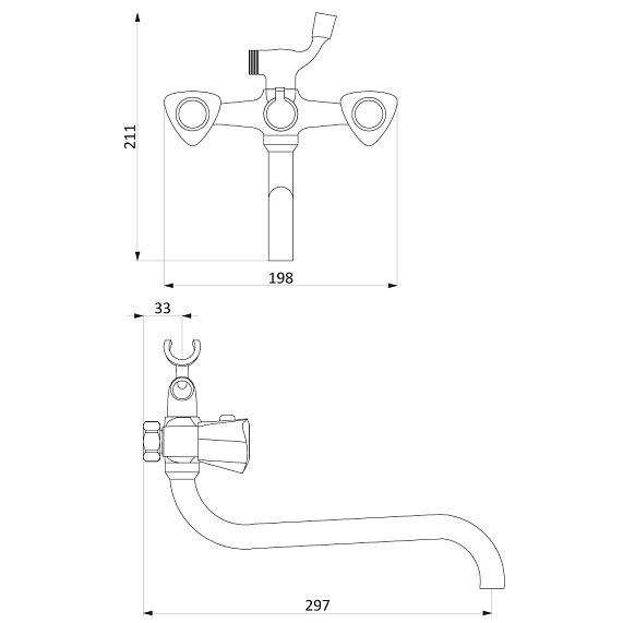 Смеситель для ванны и душа Damixa Object 349500000 длинный излив, душевая лейка, шланг 1500, хром